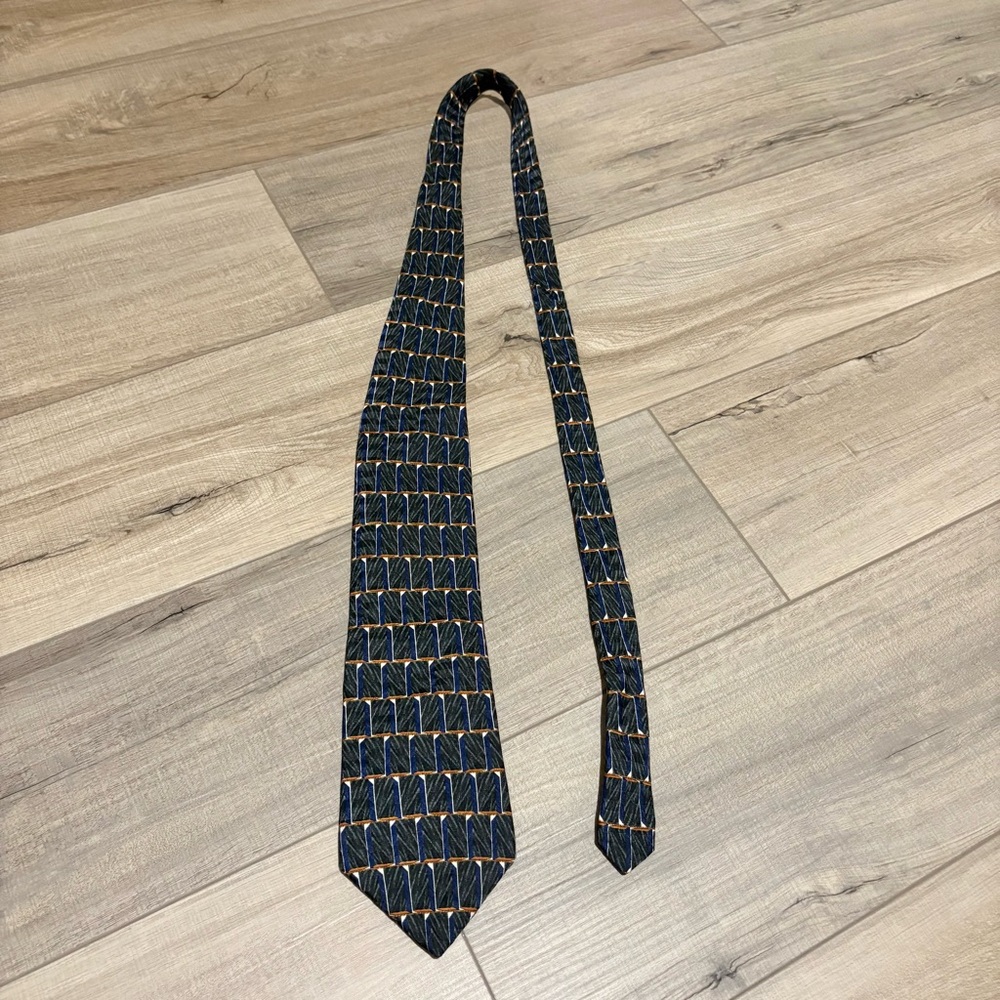 Oscar‎ de la Renta Vintage Silk Geometric Print Tie green blue